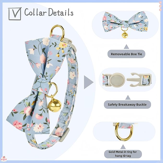2 Pack Floral Bow Tie Cat Collars with Bell, Adjustable Soft Cotton Cute Kitten Collars with Safety Breakaway Buckle for Cats & Small Dogs(Fl Blue+Pink)