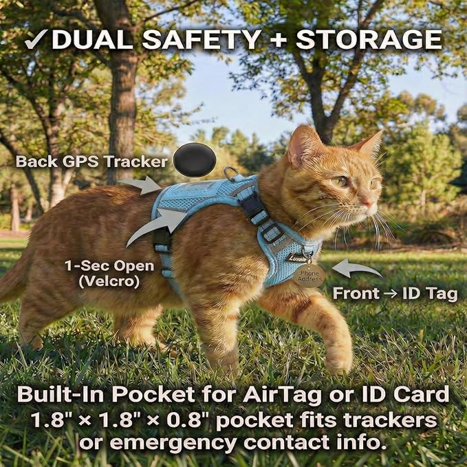 Luxelle Escape-Proof Cat Harness and Leash Set – Adjustable No Pull Soft Vest with 360° Reflective Straps, Built-in Pocket & Wrist Strap, Breathable Mesh Outdoor Harness for Cats & Kittens