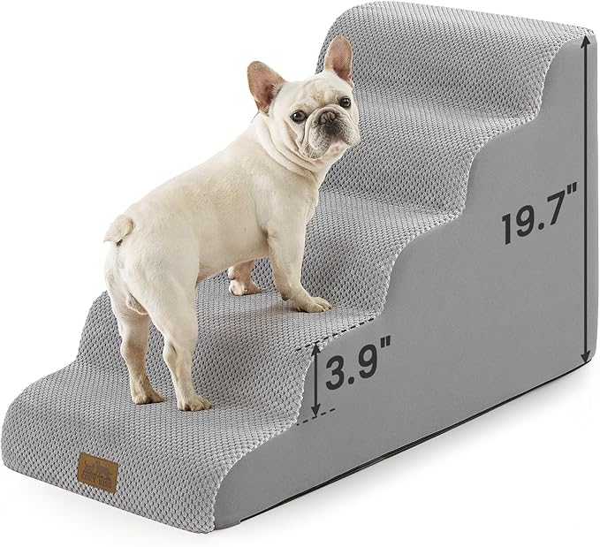 COZY KISS Dog Stairs for Small Dogs 19.7" H, 5-Step Sturdy Foam Dog Steps for Couch, Bed or Sofa, Curved Pet Stairs for Puppy and Older Cat, Doggie Ladder with Washable Cover, 15.7x33x19.7 inch, Gray