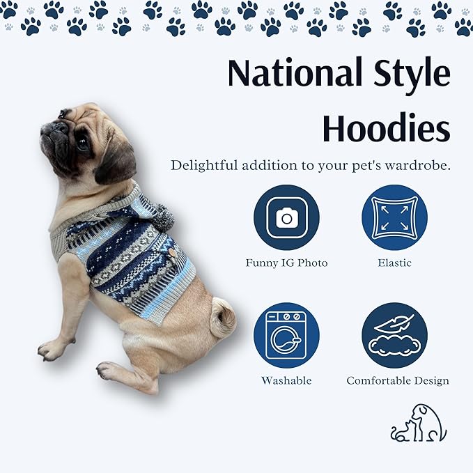 Cute Sweater for Dogs and Cats Soft Flannel Pet Outfit Warm and Cozy Animal Hoodie Small to Large Pet Clothes for Halloween Parties and Everyday Wear (Small, Blue Patten with Hat)
