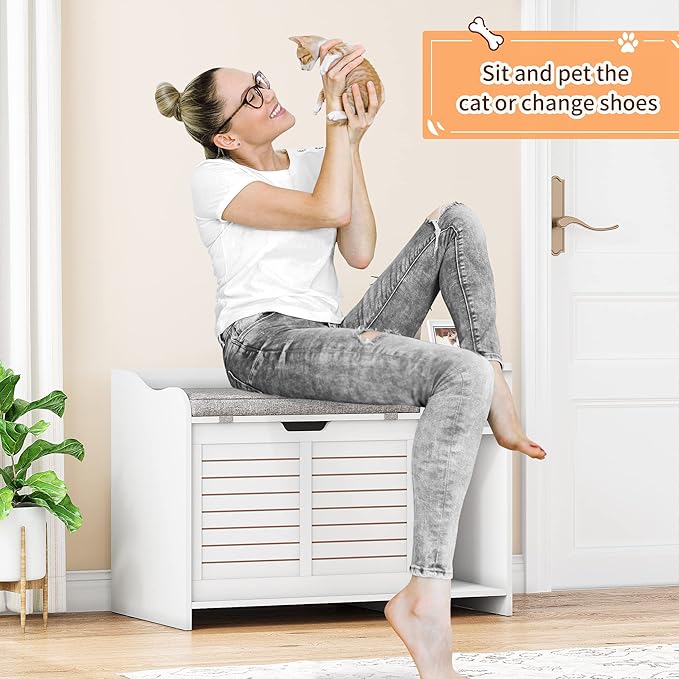 TROPOW Cat Litter Box Enclosure Furniture with Top Opening and Cushion, Hidden Litter Box Cabinet with Storage, Privacy Cat Box Enclosure, White