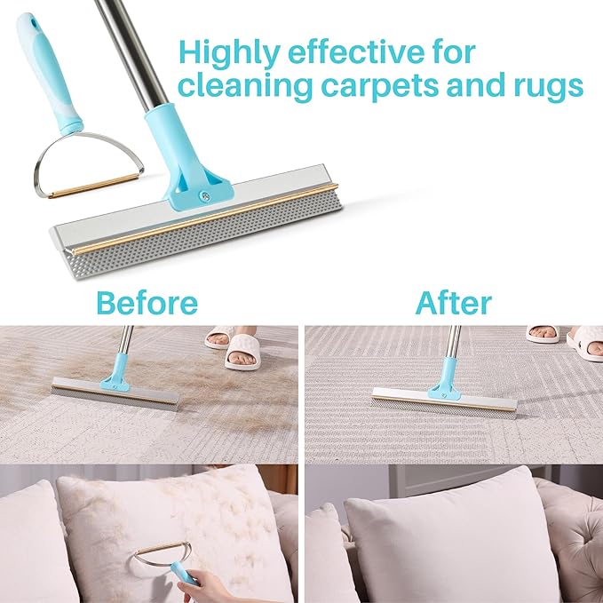 JOYMOOP 2 PCS Pet Hair Remover Set, 63" Adjustable Long Handle Rake and Short Handle Lint Scraper for Carpet, Sofa, Couch and Cloth, Metal & Silicone Fur Cleaning Tools for Cat and Dog