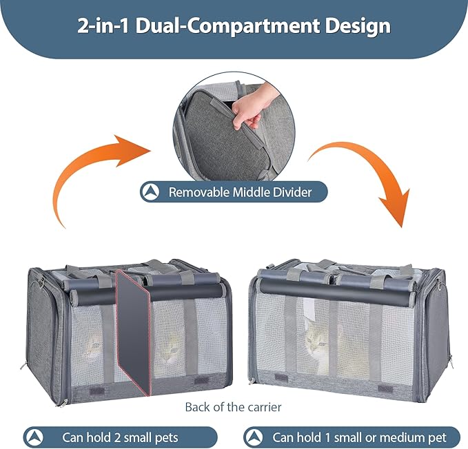 Lawfery Cat Carrier for 2 Cats – Large Expandable Soft-Sided Pet Travel Carrier, Dual Compartments, Privacy Protection, Dog Carrier for Small/Medium Dogs, Home & Outdoor Use