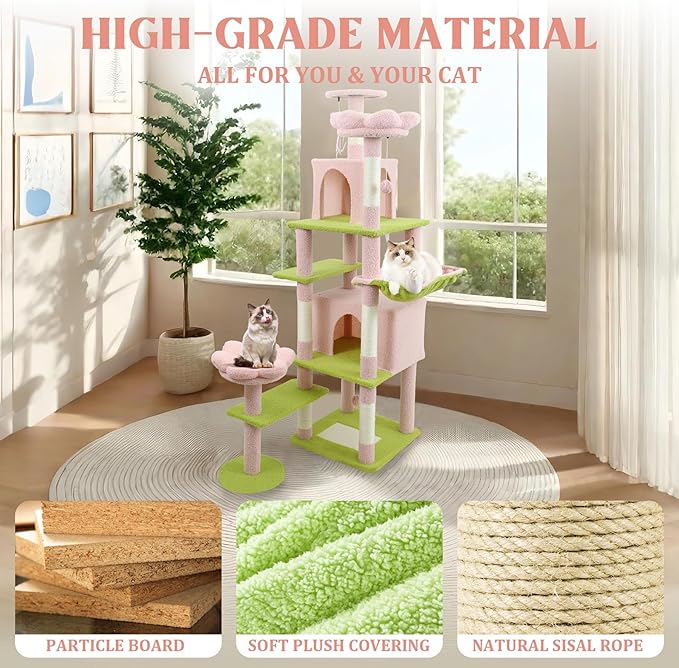 71" Flower Cute Cat Tree for Indoor Cats Large Adult, Tall Cat Tower with Scratching Post & Condo, Hammock, Aesthetic Cats Stand, Modern, Easy Assembly (Pink, 71" Tall)