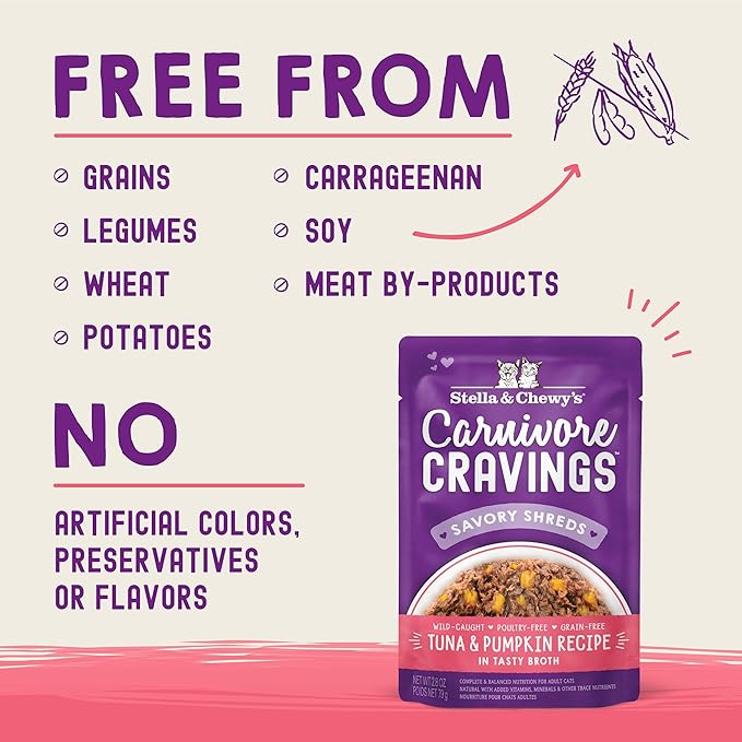 Stella & Chewy's Carnivore Cravings Wet Cat Food - Premium Pouches - Grain Free, High Protein Tuna & Pumpkin - Perfect for Picky Eaters - Complete Meal or Topper (2.8 oz, 12 Pack)