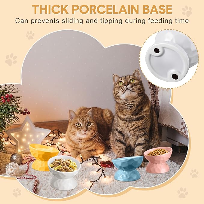 Bokon 4 Pcs Ceramic Raised Cat Bowl 6.8 oz Pet Food Bowl Anti Vomiting Pet Elevated Dog Feeder Tilted Cat Water Bowl Feeding Kitten Dishes for Small Dog Kitten(White, Yellow, Blue, Pink)