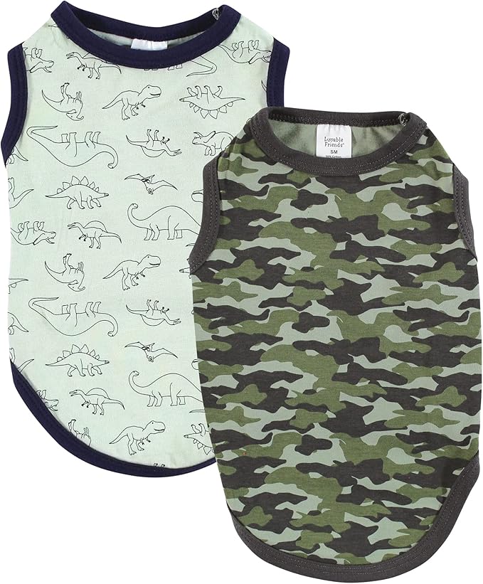 Luvable Friends Dog Pet Dog and Cats Cotton T-Shirts 2pk, Dino Camo, Large