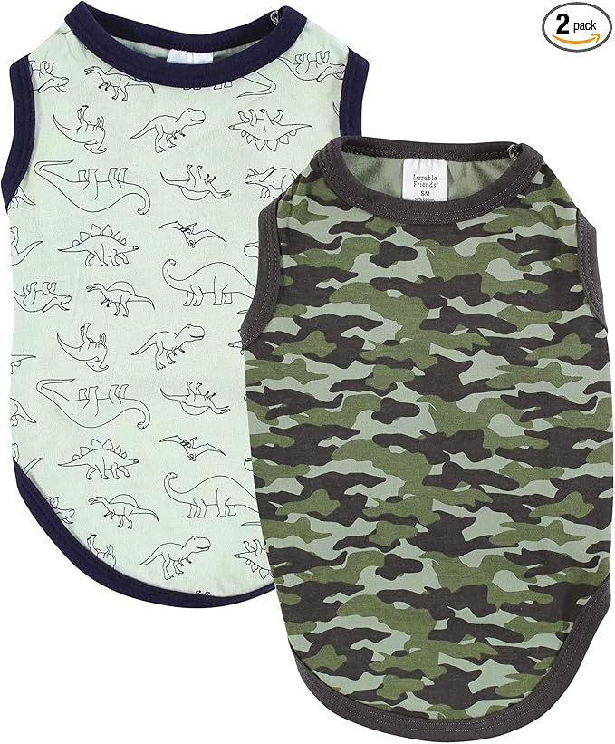 Luvable Friends Dog Pet Dog and Cats Cotton T-Shirts 2pk, Dino Camo, Medium
