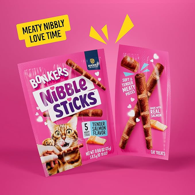 Bonkers Nibble Sticks Soft & Meaty Tender Salmon Flavor Cat Treats, 5 Sticks (Pack of 20)