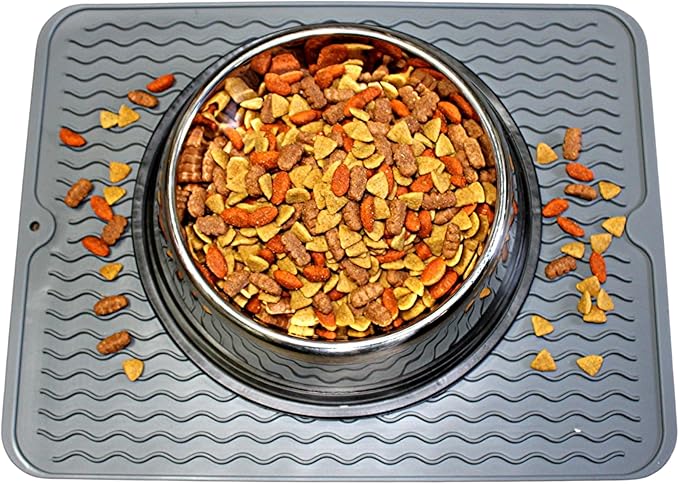 Silicone Pet Feeding Mat for Dogs, Cats, Small Animals, Non-Slip Waterproof Food and Water Mat with Raised Edge, BPA-Free Convenient Hook Storage by Dependable Industries (Gray, 12 x 16 inch)