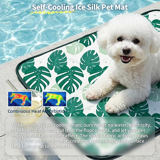 NWK Pack of 4 Pet Cooling Mat for Large Dogs -Q-Max>0.345 Ice Silk Cooling Mat for Dogs & Cats Portable & Washable Pet Cooling Blanket for Summer (4pcs, Green Leaf, 39'' X 27'' X 0.3'')