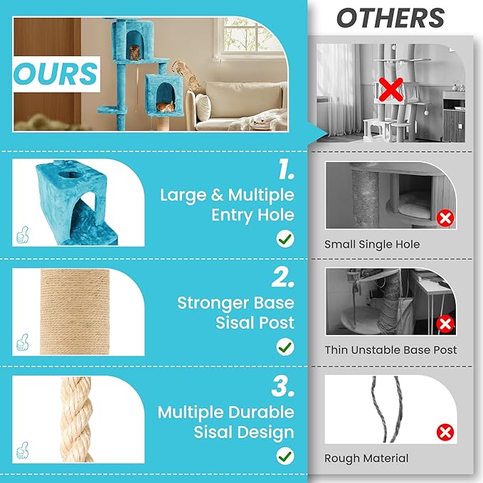 59in Large Cat Tree Tower for Indoor Cats with Soft Plush Hang Ball, Two Condos, Sisal Scratch Posts & Rope Play for Kittens/Adult Cats, Blue