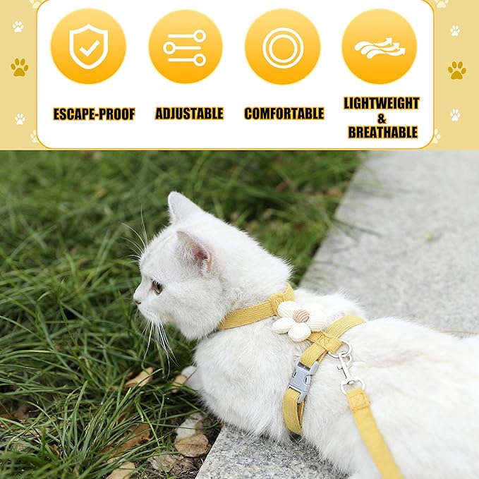 LeLehome Cat Harness and Leash Set Escape Proof Comfortable Lightweight Adjustable Strap for Walking, Travel, Kitten, Puppy, Rabbit (Yellow Flower)