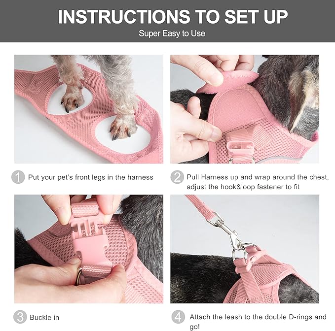 Fida Comfy Dog Harness with Leash, Cat Vest Harness Escape Proof, Breathable Lightweight Soft Mesh, Adjustable Reflective Step-in Harness for Puppy Toy Breeds & Extra-Small Pet (XXS, Pink)