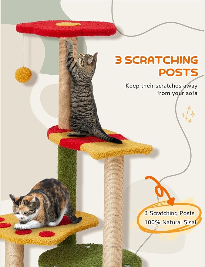 37in Cute Cat Tree, Flower Cat Tower for Indoor Cats with 3 Sisal Covered Scratching Posts, Cozy Tower Condo, Large Padded Top Perch Green Fun Cat Tree Kitty Condo Cat Furniture for Indoor Cats