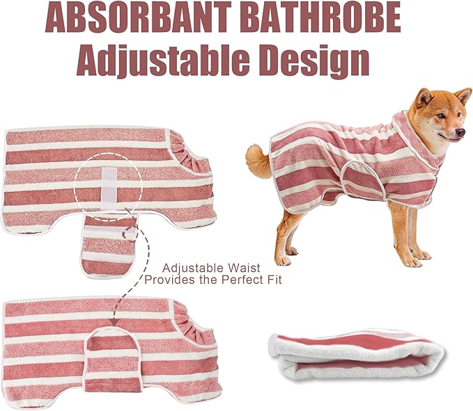 Fast Drying Dog Bath Robe, Super Absorbent Stripes Dogs Towel, Adjustable Warm Keeping Pet Puppy Bath Supplies (Red, XS)
