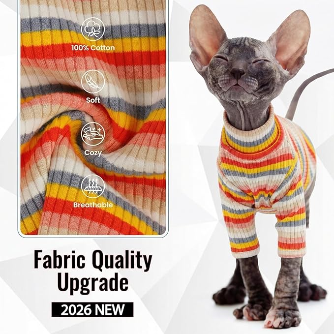 DENTRUN Hairless Cats Shirt Breathable Cat Daily Wear Clothes Stripe Vest Adorable Pajamas Jumpsuit Soft & Skin-Friendly