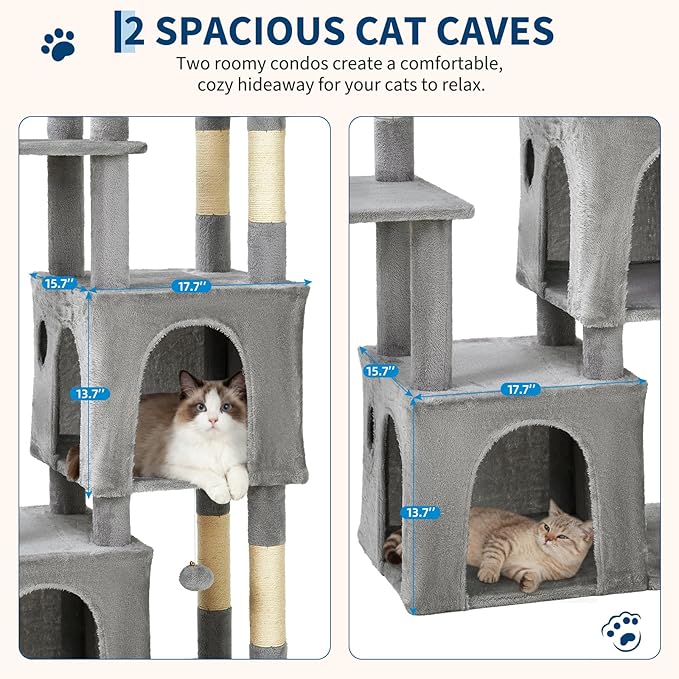 61.4 Inch Cat Tree, Large Cat Tower with Sisal Scratching Posts, 2 Spacious Cat Beds, Hanging Ball & Top Perch, Ideal for Large Indoor Adult Cats, Light Gray