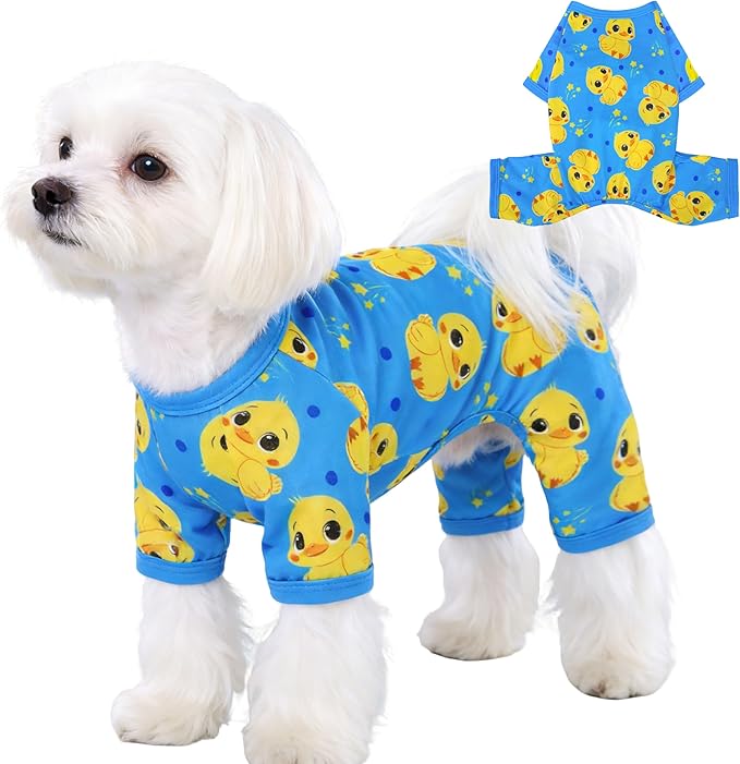 Dog Pajamas Summer Cute Print Puppy Jumpsuit Thin Dog Onesie Small Dog Clothes with Comfy & Elastic Frbic Puppy Pjs(Blue Duck, Small)