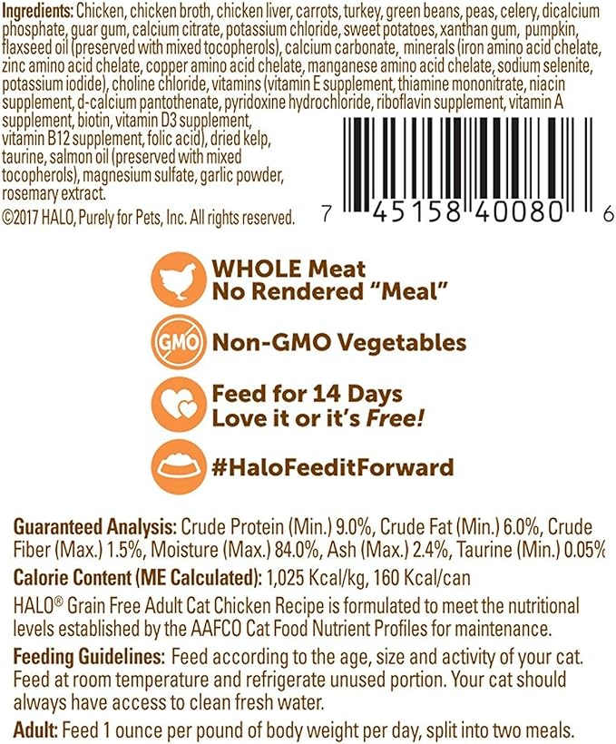 Halo Grain Free Soft Pate, Adult Cat Wet Food, Chicken in Broth Recipe, 5.5 oz, Case of 12