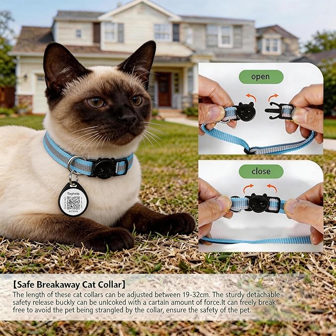 Reflective Cat Collar Breakaway with QR Code Tag for Girl Boy cat Name tag Kitten Collars with Bell Cat ID Tag Personalized Real-time scan alerts,Shareable Pet Profile (Blue)