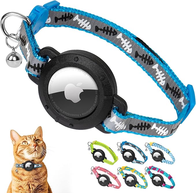 azuza AirTag Cat Collar with Reflective Fish Pattern, Breakaway Safety Collar with Lightweight Design, Apple AirTag Holder and Bells, Adjustable for Cats(9-13")