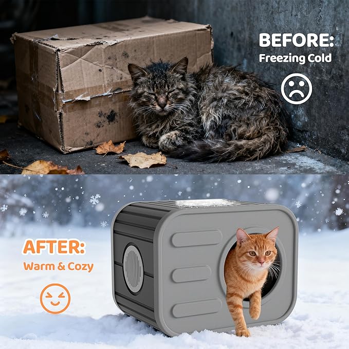 LHBcraft Outdoor Cat House Weatherproof, Feral Cat Houses for Outdoor Indoor Cats, Sturdy Resin Shelter with Camera-Shaped Design, Easy to Assemble Grey