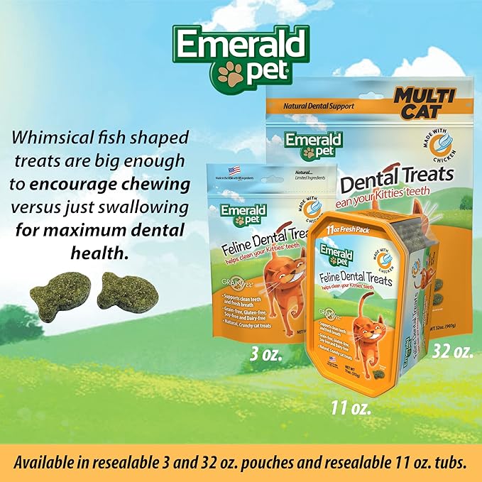 Emerald Pet Grain-Free Cat Dental Treats with Chicken – Crunchy Natural Dental Treats for Cats to Clean Teeth, Freshen Breath, and Reduce Plaque & Tartar – 11 oz Tub