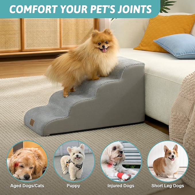 COZY KISS Dog Stairs for Small Dogs 15.7" H, 4-Step Sturdy Foam Dog Steps for Couch and Bed, Curved Pet Stairs for Puppy and Older Cat, Doggie Ladder with Washable Cover, 15.7x28.3x15.7 inch, Gray