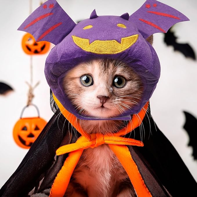 Cat Halloween Costumes Halloween Bat Wing Hat for Dogs Cats Adjustable Cute Purple Bat Cap Festival Pet Head Dress Up Accessories for Halloween Puppy Kitten Cosplay Costume Gifts