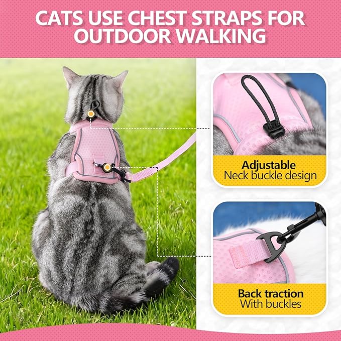 JOHNBOLIN Cat Harness and Leash Set - Escape Proof, Adjustable Breathable Vest Harnesses with Reflective Strips, Easy Control & Secure Walking for Small Medium Large Cats Kitten Collar (Pink, Medium)