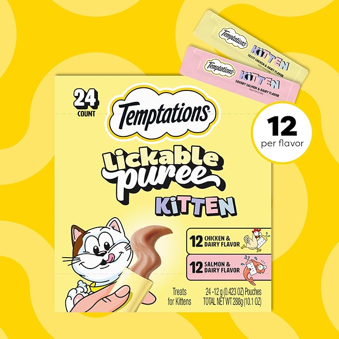 Temptations Puree Kitten Treats Lickable, Chicken and Salmon Variety Pack, 24 Pouches