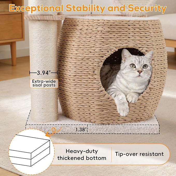 EMUST Luxury Modern Cat Tree Tower 50IN - Heavy-Duty Multi-Level Cat Condo with Extra-Large Hand-Woven Rattan Bed & Thickened Scratching Post for Indoor Cats Large Adult