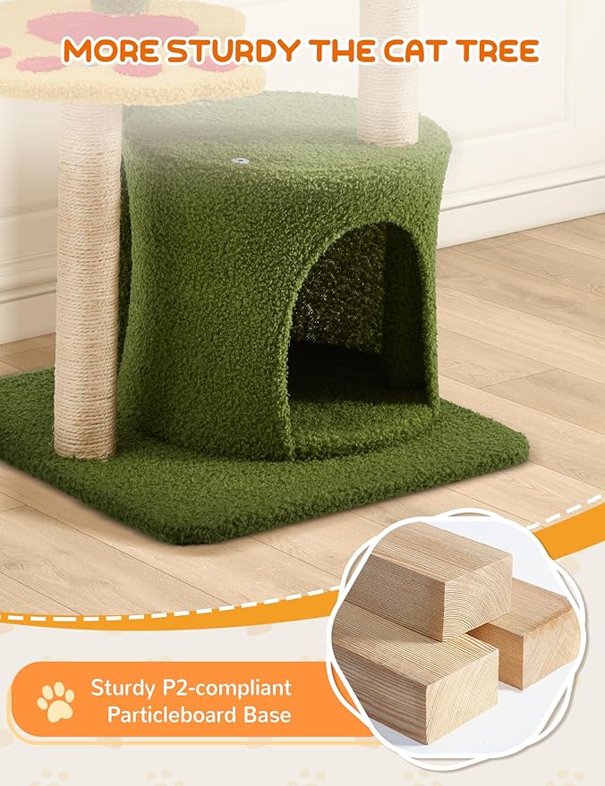 37in Cute Cat Tree, Flower Cat Tower for Indoor Cats with 3 Sisal Covered Scratching Posts, Cozy Tower Condo, Large Padded Top Perch Green Fun Cat Tree Kitty Condo Cat Furniture for Indoor Cats