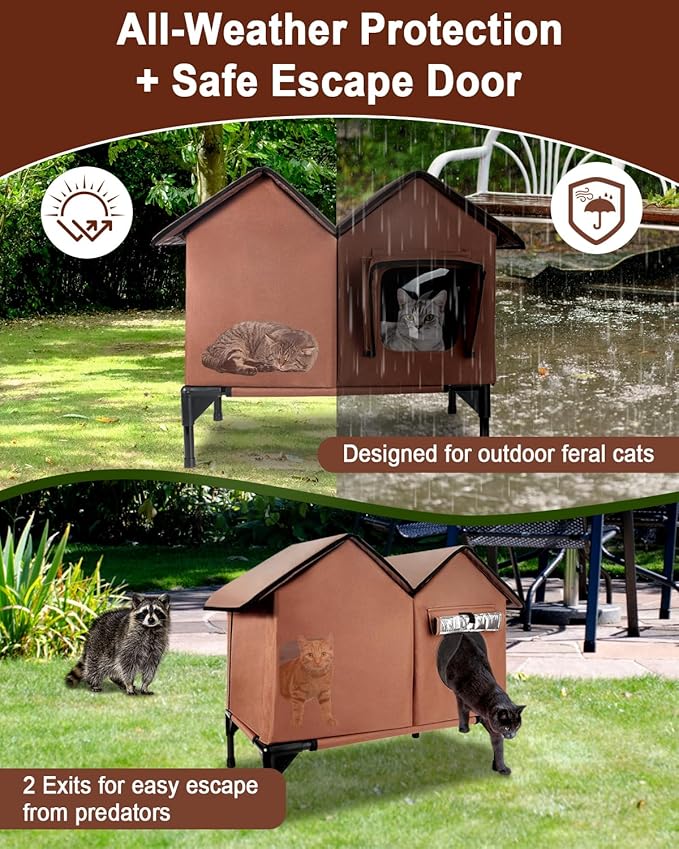 Outdoor Cat House Weatherproof - Insulated Cat Houses for Outdoor Cats - Large Outside Cat House - Waterproof Feral Cat Shelter with Escape Doors & Elevated Base