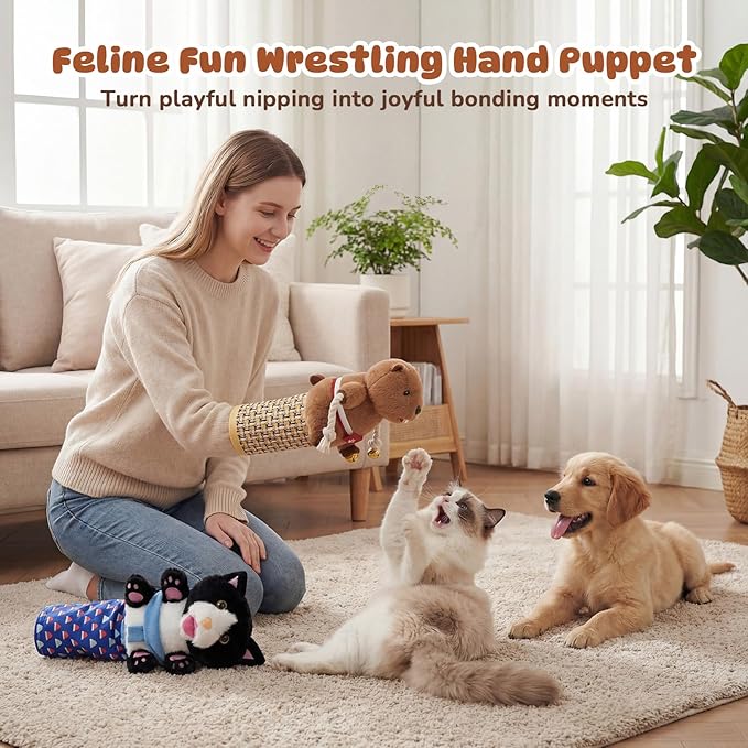 Interactive Cat Toys Cute Play Set with Wrestling Glove, Karate Kitty, Catsumo, Wrestling Puppet, Fun Interactive Toy for Indoor Cats & Kittens