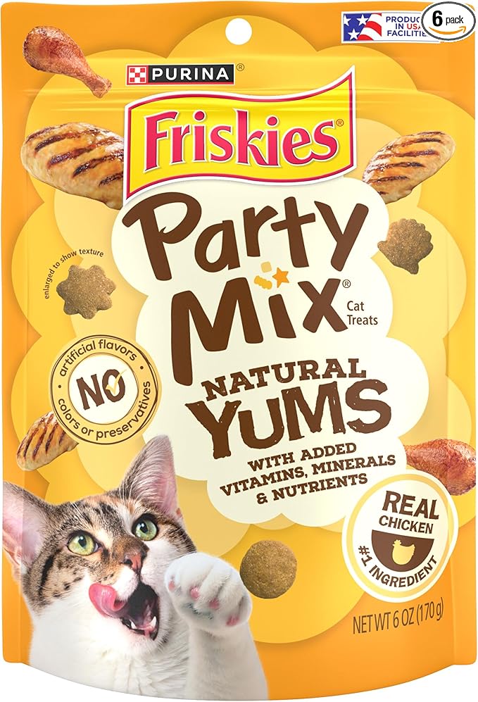 Purina Friskies Natural Cat Treats, Party Mix Natural Yums With Real Chicken & Vitamins, Minerals & Nutrients - (Pack of 6) 6 oz. Pouches