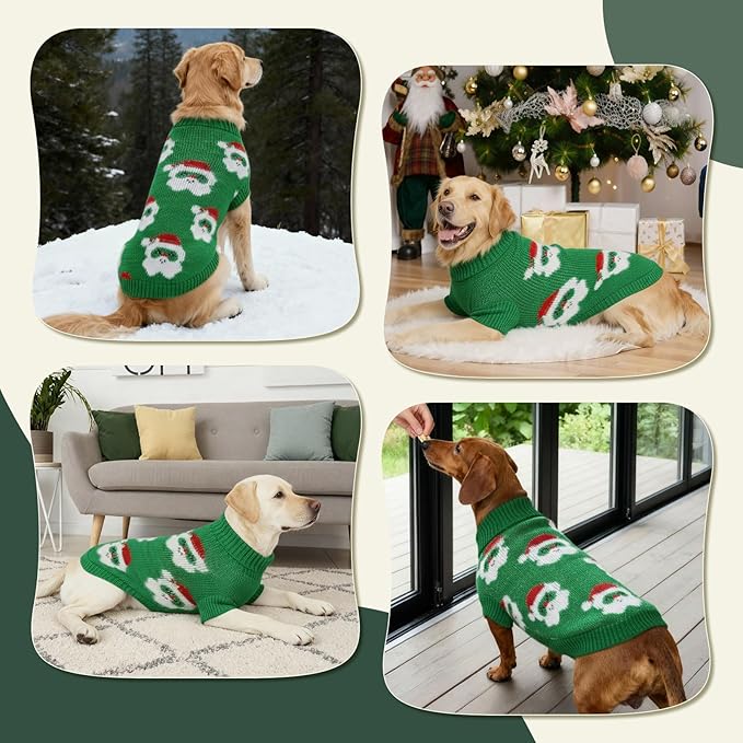 Dog Sweater Knitted for Small to Large Dogs Boy Girl, Classic Turtleneck Dog Christmas Sweaters, Warm & Soft Santa Claus Pet Clothes for Winter (Green, 2XL)