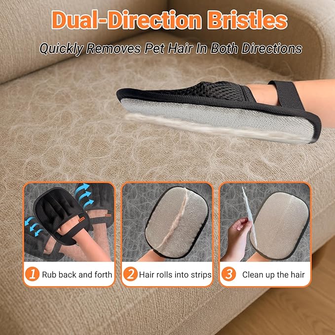 Premium Magic Brush Pet Hair Removal Gloves (2pcs) - Reusable & Washable 5-Finger Design for Furniture, Car Seats, Carpet, Laundry - for Surfaces, Not Pet Grooming