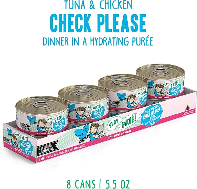 Weruva B.F.F. Play - Best Feline Friend Paté Lovers, Aw Yeah!, Tuna & Chicken Check Please! with Tuna & Chicken, 5.5oz Can (Pack of 8)