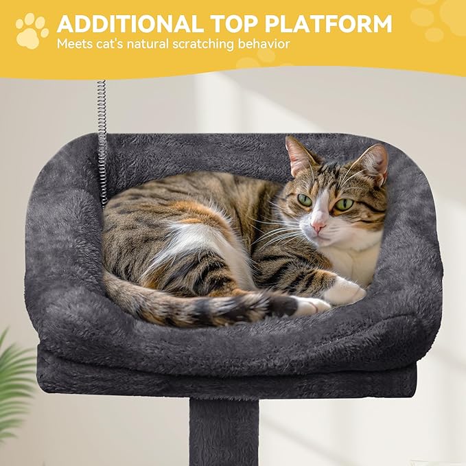 DWVO 64.5 Inch Tall Cat Tree, Multi-Tier Cat Condo with Hammock, Scratching Posts & Play Balls for 2-3 Cats (Dark Gray)