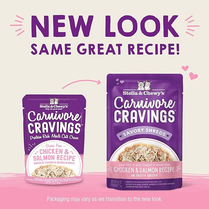 Stella & Chewy's Carnivore Cravings Wet Cat Food - Premium Pouches - Grain Free, High Protein Chicken & Salmon - Perfect for Picky Eaters - Complete Meal or Topper (2.8 oz, 12 Pack)