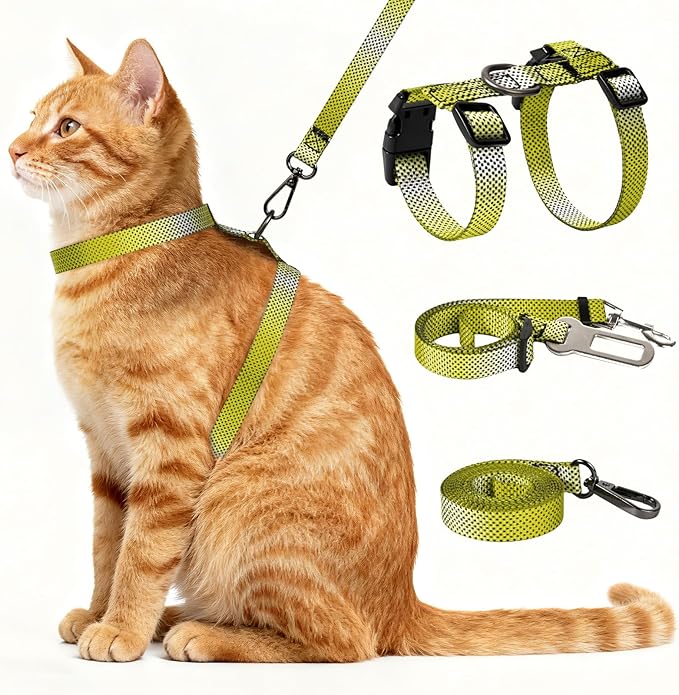 Cat Harness and Leash Set, 3-in-1 Escape Proof Adjustable, Comfortable Soft Lightweight, Safe, Easy to Wear, Walking Travel Kitten Harness for Small Medium Cats (Yellow)