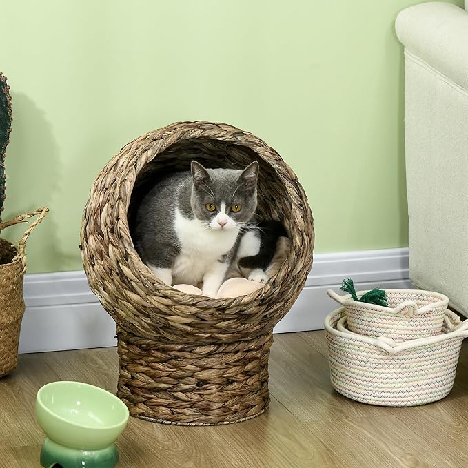 PawHut Handwoven Elevated Cat Bed with Soft Cushion & Egg Chair Shape, Basket Bed Kitty House with Stand, Raised Wicker House for Indoor Cats, 20" H, Gray