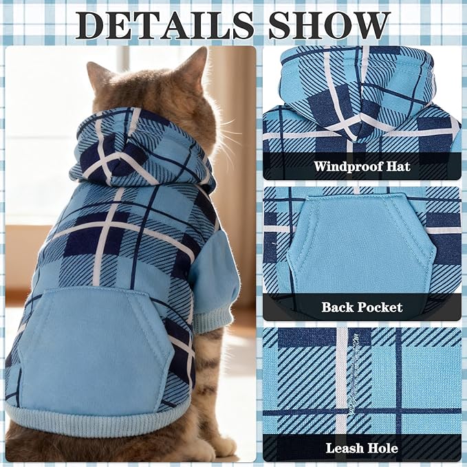 EXPAWLORER Plaid Cat Hoodie - British Style Warm Cat Sweater Shirt with Leash Hole,Pet Clothes Outfits,Winter Coat Apparel for Puppy Cats Girl Boy-Kitten Apparel,Blue L