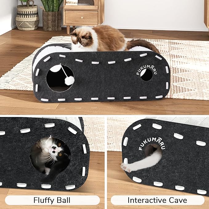 FUKUMARU Cat Beds for Indoor Pets 31.5 Inch, Extra Long Cozy Cat Bed Cave Tunnel for Multiple & Large Cats, Felt Kitten Hideaway House with Fluffy Ball, Scratch Resistant, Warm & Safe, Black
