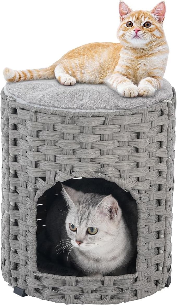 SETVSON Cat House for Indoor Cat, Small Cat Houses Handwoven PE Rattan Kitten Cave, Pet Kitten Bed Covered, One Bed Pad, 13 x 13 x 13.7 Inches, Foldable Hideaway in Living Room Gray