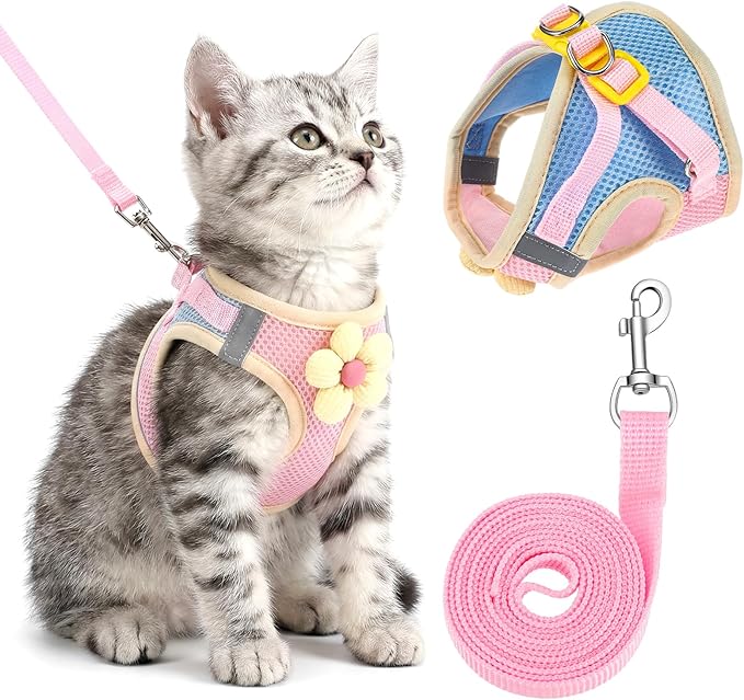 Flower Cat Harness and Leash Set for Walking Escape Proof, 10.2-11.8in Neck Adjustable Kitten Harness and Leash Set Breathable Soft Mesh with Reflective Strap for Kitten Bunny Cat Puppy