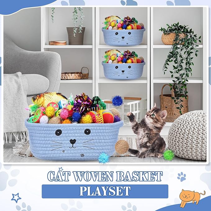 Zopeal 58 Pcs Summer Graduation Cat Storage Basket Gift Toys Set, Colorful Flashing Balls Pet Bell Crinkle Balls Spring Toys Attract Cat to Swat, Hunt, Interactive for Pet(Light Blue,9.8 Inch)