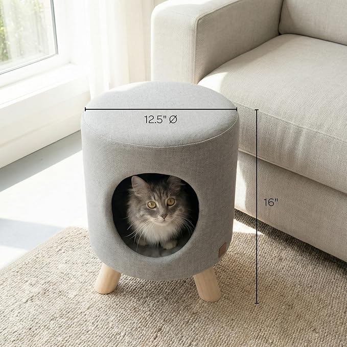 4 Cats & Dogs Wallie Stool – Plush Pet Stool & Bed with Wooden Legs, Cozy Cat Condo Furniture & Pet Nook Hideaway, Multipurpose Stool with Cozy Pads for Cats & Small Dogs, Dark Grey